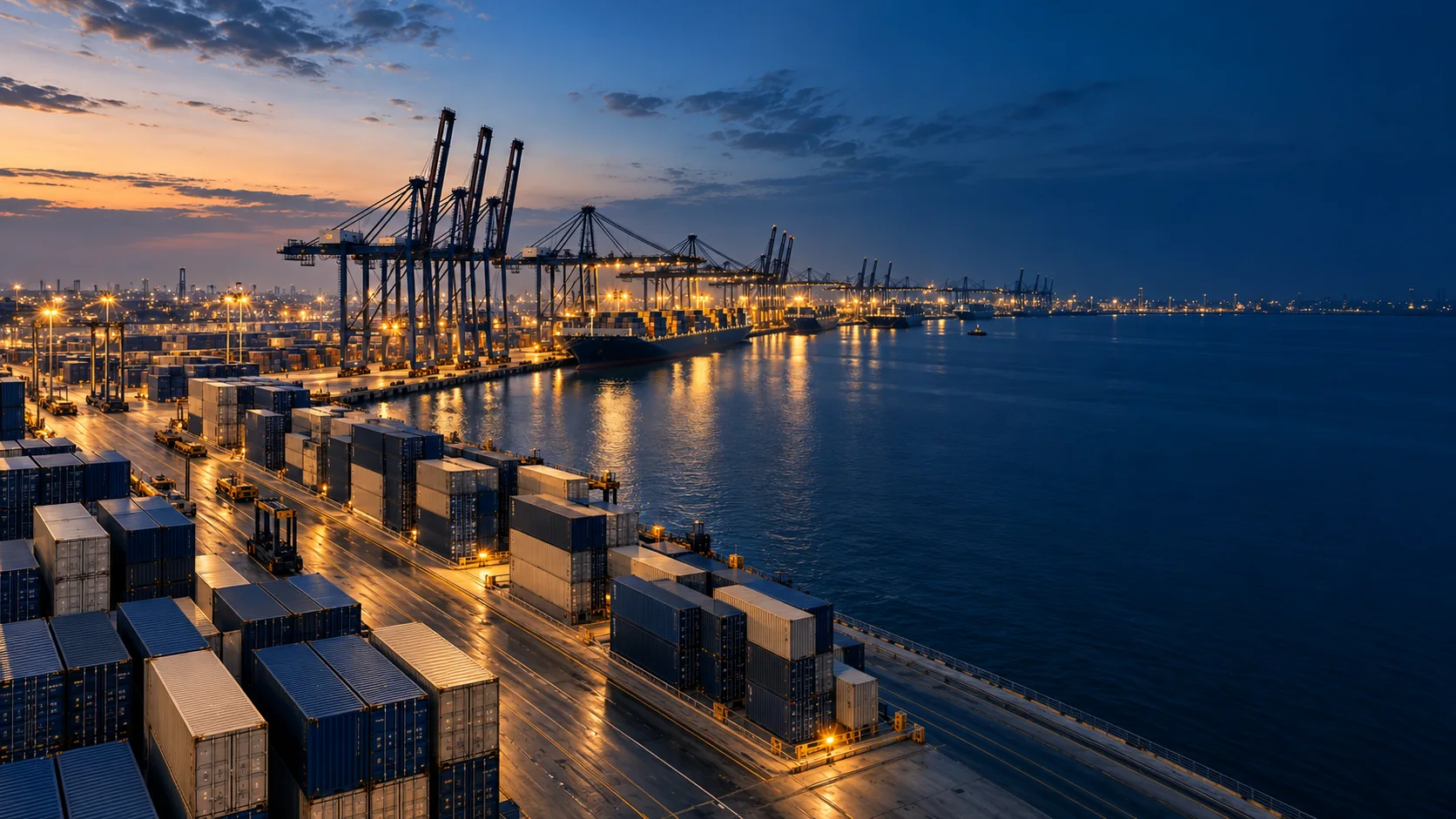 A coastal container port illustrating the context of international commerce.